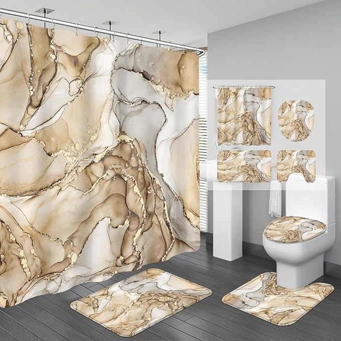 4PCS Beige Marble Bathroom Sets with Shower Curtain and Rugs, Abstract Shower Curtain Sets with Rugs for Bathroom Decor, Bathroom Curtains Shower Set with Toilet Lid Cover Accessories