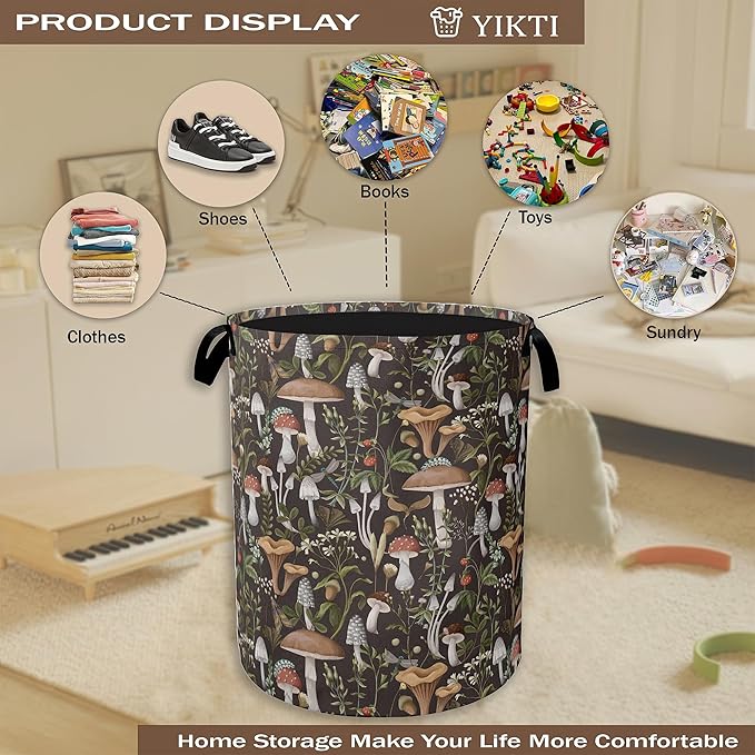 Collapsible Laundry Basket,Vintage Mushroom Dirty Clothes Hamper,Forest Wildflower Hampers for Bedroom Waterproof Oxford Cloth Storage Organizer for Bathroom,Nursery,Dorm,16x20 Inch