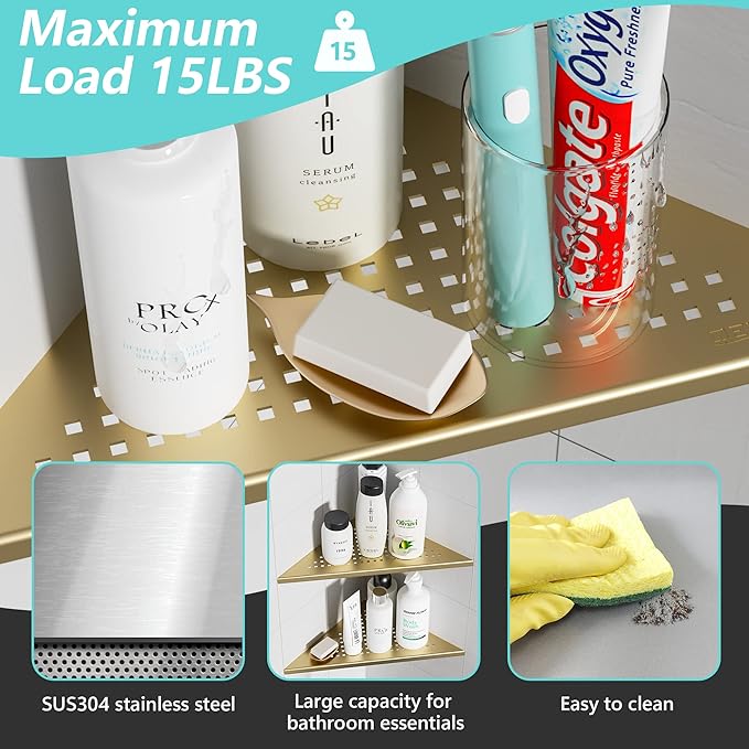 Qeke 2 Pack Bathroom Corner Shelf, Recessed 12" Corner Shower Shelf, SUS304 Stainless Steel Triangular Wall Mount, No Drilling, Brushed Golden