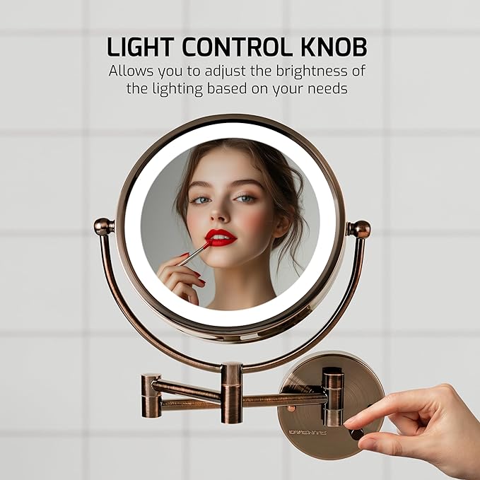 OVENTE Wall Mounted Lighted Makeup Vanity Mirror, 9" Hard Wired Double Sided 1X/7X Magnifying Bathroom Mirror, Dimmable LED Lights, 360° Rotation and 14" Extendable Arm, Antique Brass MPWD3185AB1X7X
