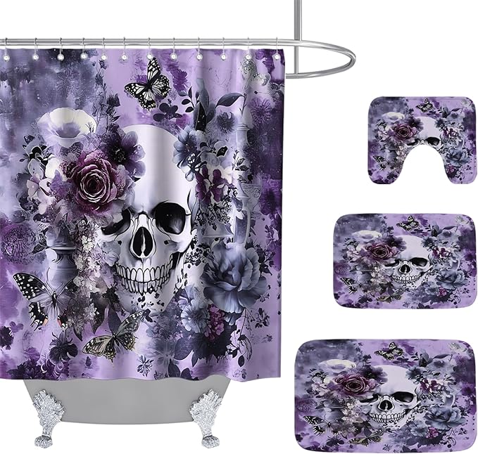 Funny Gothic Halloween Unique Bathroom Sets with Floral Skull Shower Curtain and 20 x 31 Rugs Bathroom Accessories Sets Decor with Bath Rug, Bath Mat, U-Shaped Contour and Hooks 72 x 72 Inch Purple