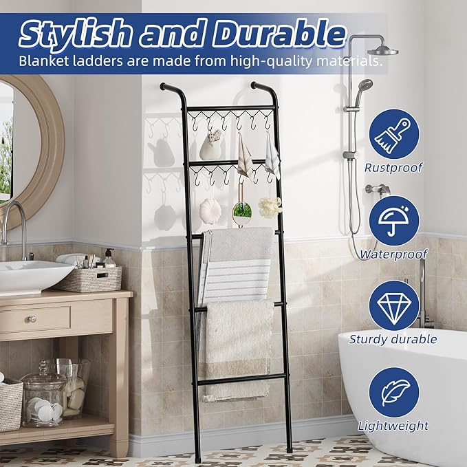 Simple Trending Blanket Ladder，5 Tier Metal Towel Rack with 12 Hooks, 79'' Metal Style Decorative Ladder for The Living Room Bedroom Bathroom Home Decor, Black