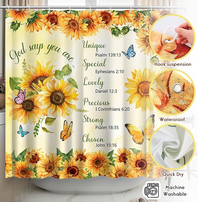 4 PCS Bathroom Shower Curtain Sets Sunflower Bathroom Set Yellow Shower Curtain with Rugs and Toilet Lid Cover Encouraging Bible Verse Floral Bathroom Decor Set Accessories