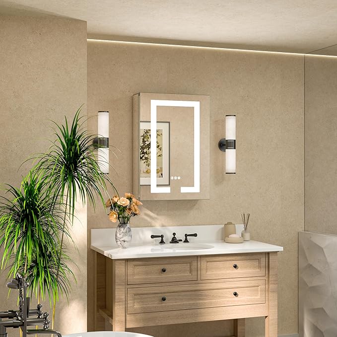 TETOTE LED Lighted Medicine Cabinet Mirror with Tempered Glass 16 x 24 Recessed or Surface Mount Bathroom Cabinet with Lights and Storage, Outlets & USB, 3-Color Dimming, Defog, Adjustable Shelves