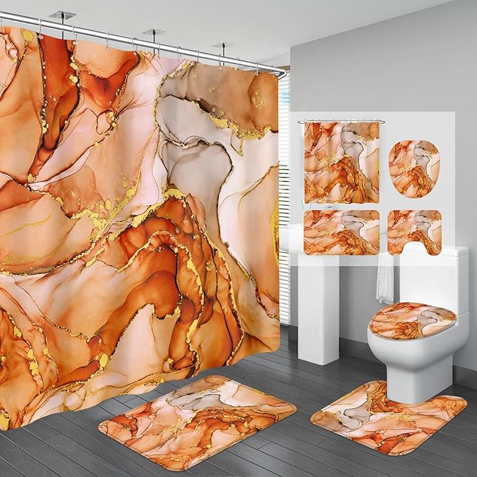4PCS Burnt Orange Marble Shower Curtain Sets with Rugs, Abstract Bathroom Sets with Shower Curtain Rugs, Luxury Bathroom Curtains Shower Set with Toilet Lid Cover Modern for Bathroom Decor