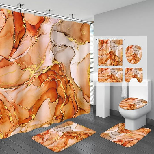 4PCS Burnt Orange Marble Shower Curtain Sets with Rugs, Abstract Bathroom Sets with Shower Curtain Rugs, Luxury Bathroom Curtains Shower Set with Toilet Lid Cover Modern for Bathroom Decor