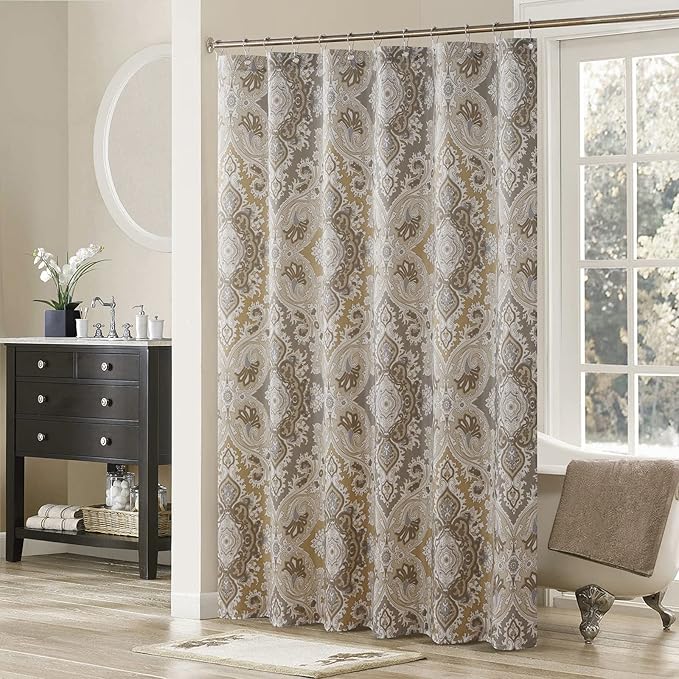 Palermo Farmhouse Khaki Classic Polyester Waterproof Fabric Paisley Shower Curtain,Vintage Printed Decorative Taupe Bathroom Curtains,Extra Large 78" W x 78" L
