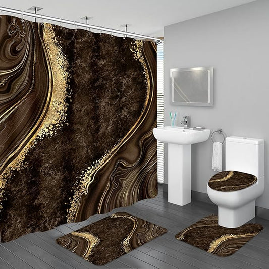 4PCS Brown Marble Shower Curtain Sets with Rugs, Abstract Bathroom Sets with Shower Curtain and Rugs, Modern Bathroom Curtains Shower Set with Toilet Lid Cover Accessories for Bathroom Decor