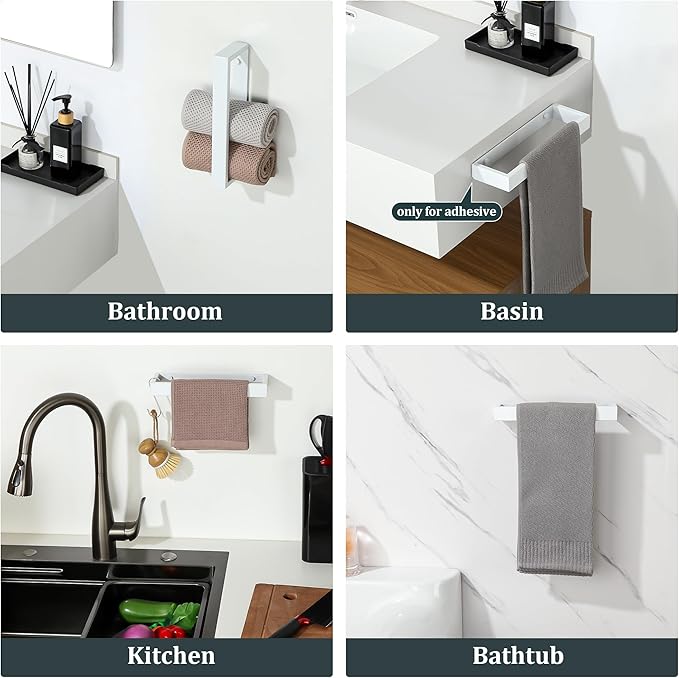 Sayayo White Towel Bar for Bathroom Wall, 10 Inch Hand Towel Holder, Screw or Self Adhesive Towel Ring Square SUS304 Stainless Steel, 3.2 Inch Wider Design