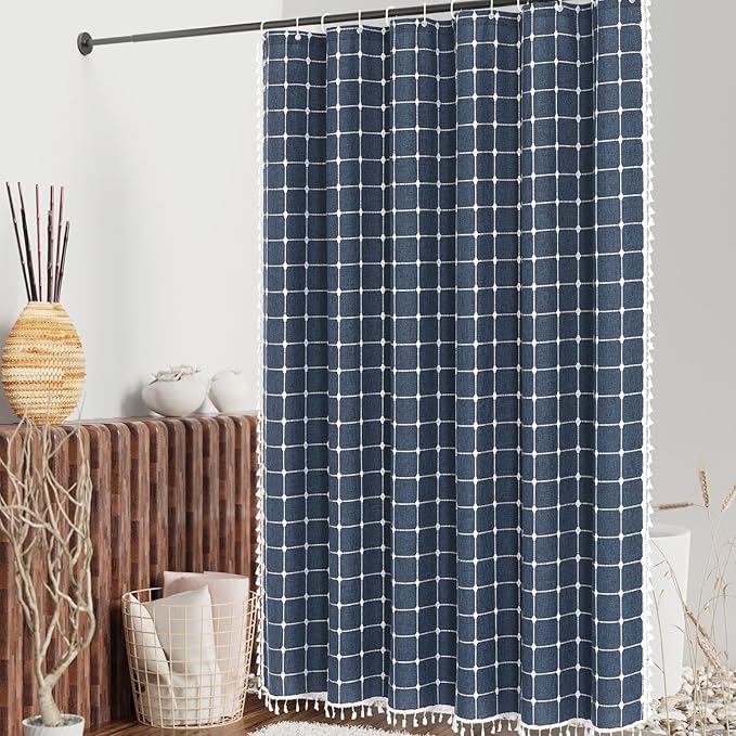 MitoVilla Navy Blue 36 x 72 Boho Small Stall Shower Curtain, Narrow Polyester Linen Fabric Shower Curtains for Farmhouse Bathroom Decor, Half Size Cloth Shower Curtain Set with Hooks