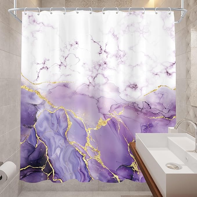 Cinbloo Purple Marble 72Wx72H Shower Curtain Abstract Modern Lilac Gold Cracked Lines Ombre Minimalist Elegant Contemporary Luxury Bathroom Curtain Set Aesthetic Bath Bathroom Accessories Decor