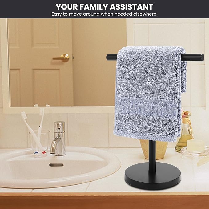 T-Shape Bath Hand Towel Holder Stand, Stainless Steel Free Standing Hand Towel Rack, for Bathroom Kitchen & Countertop, Matte Black