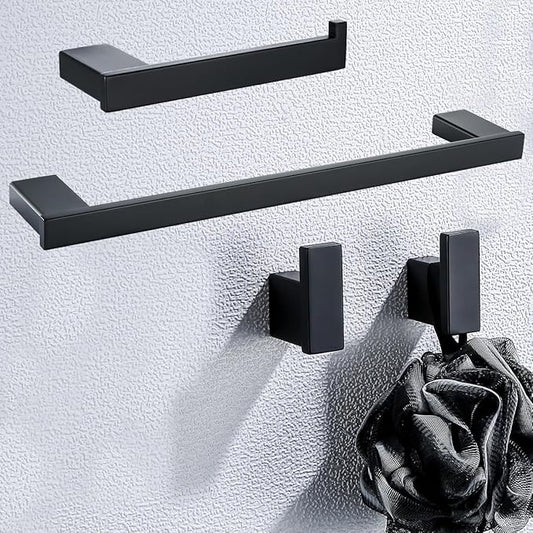 Matte Black Bathroom Hardware Accessories Set 4 Pieces Bath Towel Bar Set with 18 Inch Towel Bar,Toilet Paper Holder,Towel Hooks,SUS 304 Stainless Steel Wall Mounted Bathroom Towel Rack Set