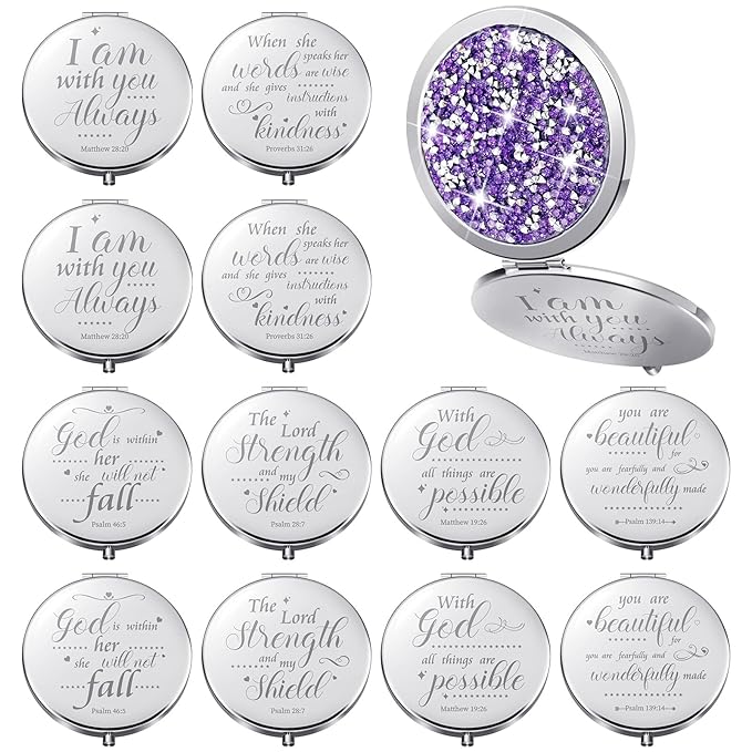 Thyle 12 Pcs Christian Compact Mirror Gifts for Women Mother's Day Nurse Week Bible Verse Wallet Mirror Bulk Hand Makeup Compact Religious Baptism for Holy Communion Teacher(Same,Purple)