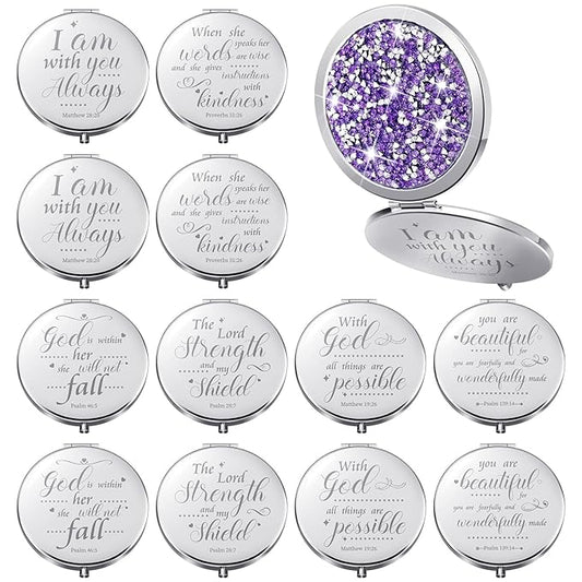 Thyle 12 Pcs Christian Compact Mirror Gifts for Women Mother's Day Nurse Week Bible Verse Wallet Mirror Bulk Hand Makeup Compact Religious Baptism for Holy Communion Teacher(Same,Purple)