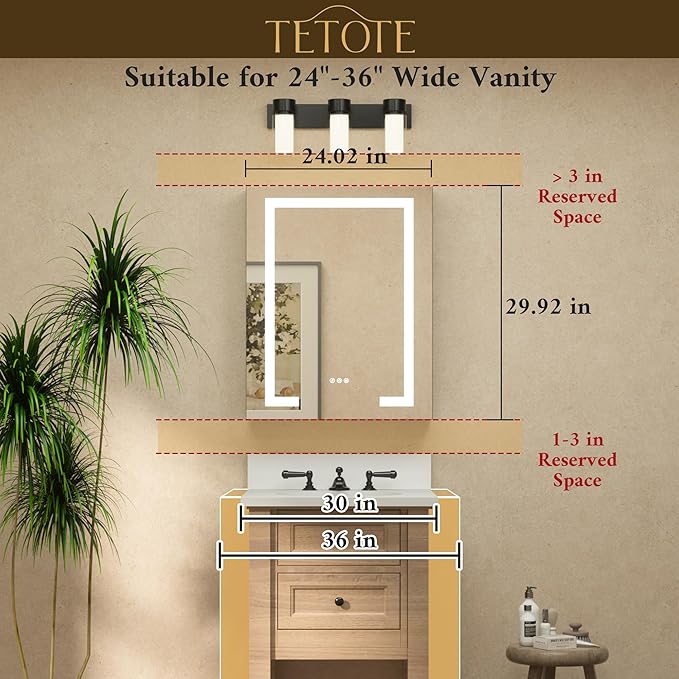 TETOTE 24 x 30 LED Lighted Medicine Cabinet with Lights & Outlets & USB, Recessed or Surface Mount Medicine Cabinet Mirror for Bathroom with Storage, Tempered Glass, 3-Color Dimming, Adjustable Shelf