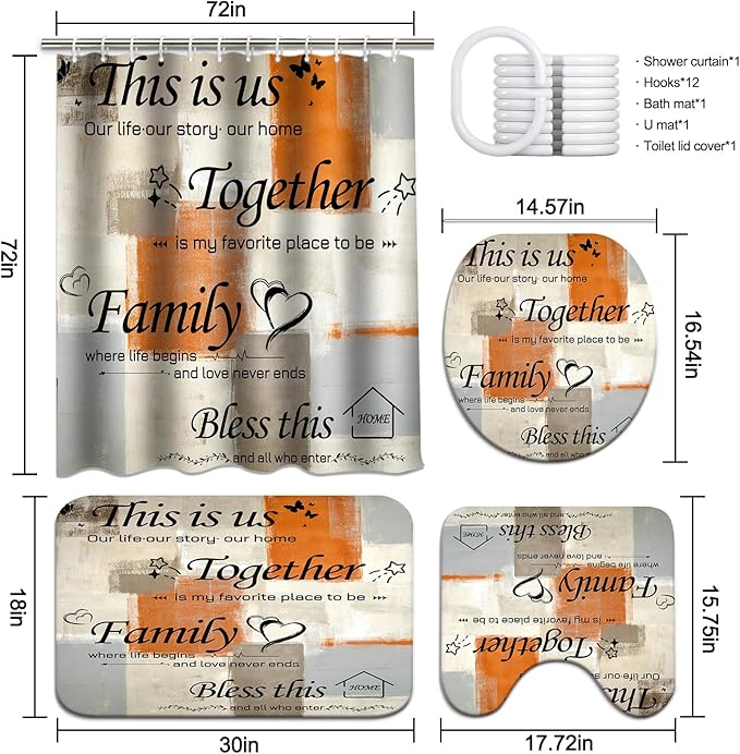 Lnond 4Pcs Bathroom Shower Curtain Sets with Rugs, Orange Brown Motivational Home Family Bathroom Sets with Shower Curtain and Rugs and Accessories