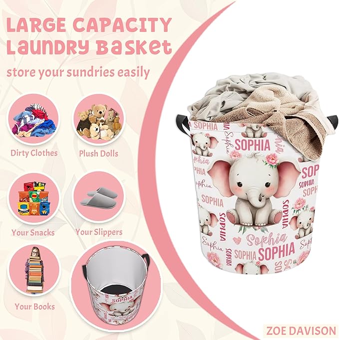 Custom Elephant Laundry Baskets,Personalized Elephant Gifts,Customize Name Laundry Hamper for Boys Girls Adults,Collapsible Clothes Storage Organizer,16.5 x 13.8in