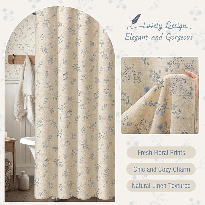 Blue Floral Vintage Linen Shower Curtain, French Country Shower Curtains for Bathroom, 72Wx84H
