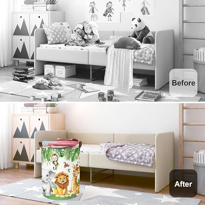 Jungle Animals Laundry Hamper Large Storage Basket Cartoon Wild Zoo Collapsible Parents Organizer Kids Toy Clothes Bins for Bedroom, Bathroom, Lion, 63L