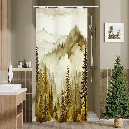 Yellow Small Stall Misty Pine Forest Shower Curtain 36 x 72, Mountain Foggy Woodland Scenery Tree Narrow Half Size Shower Curtains for Bathroom, Abstract Waterproof Nature-Themed Decor