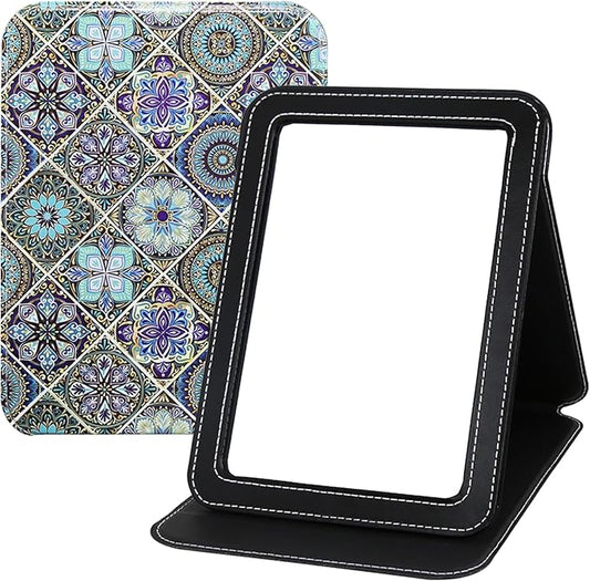 Large Folding Mirror Portable, Travel Foldable PU Adjustable Rectangular Ultrathin Vanity Mirror Rounded Corner with Multi Stand Angle, for Travel, Camping,Home 9x7 Inch