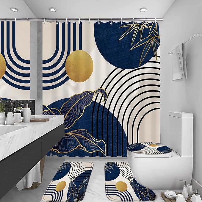 FZDHHY 4Pcs Blue Shower Curtain Set, Boho Bathroom Sets, Bamboo Leaf Bathroom Shower Bathroom Sets with Shower Curtain and Rugs, Shower Curtain with 12 Hooks