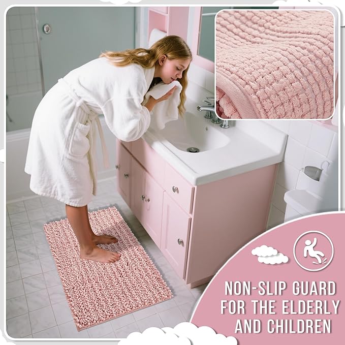 Yimobra Bathroom Rugs Non Slip Washable - Ultra Soft Absorbent Chenille Bath Mat, Quick Dry Shaggy Floor Carpet for Tub Shower, Light Pink Home Decor Accessories, 24x17 Inch