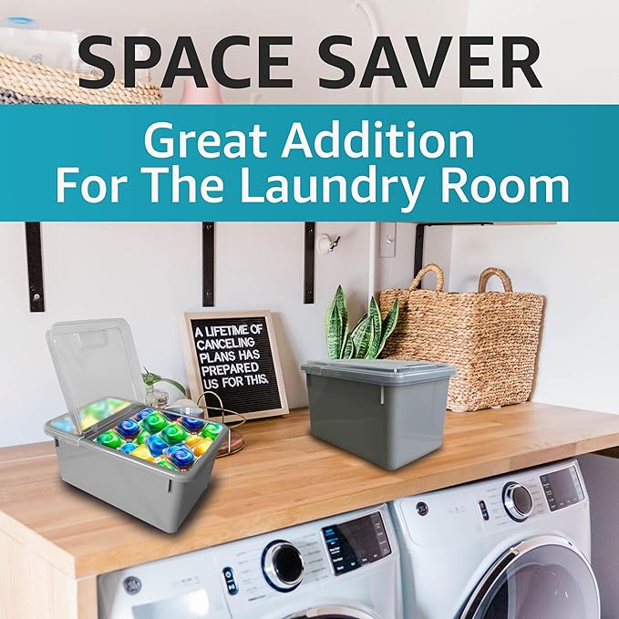 Skywin TidyFriend Laundry Pods Container with Lift Up Lid, 12.4" x 6.5" x 8.7", Airtight Storage Keeps Pods Fresh, Laundry Detergent Container & Dishwasher Pod Holder (Grey)