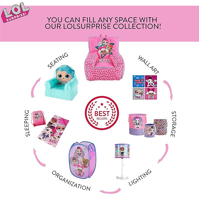 LOL Surprise Pop Up Laundry Hamper,Pink Kids Clothes Storage with Durable Carry Handles, 21" H x 13.5" W x 13.5" L