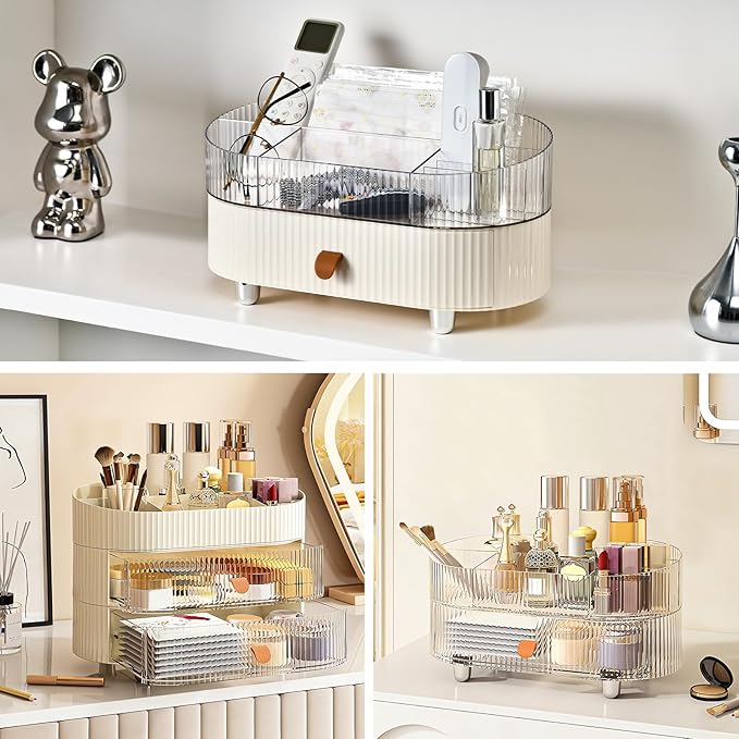 DASITON Makeup Organizer with Drawer,6 Slots Stackable Makeup Brush Holder,Skincare and Cosmetic Organizer for Bathroom Vanity Countertop Makeup Storage for Cosmetics,Brushes,Lipstick and Jewelry