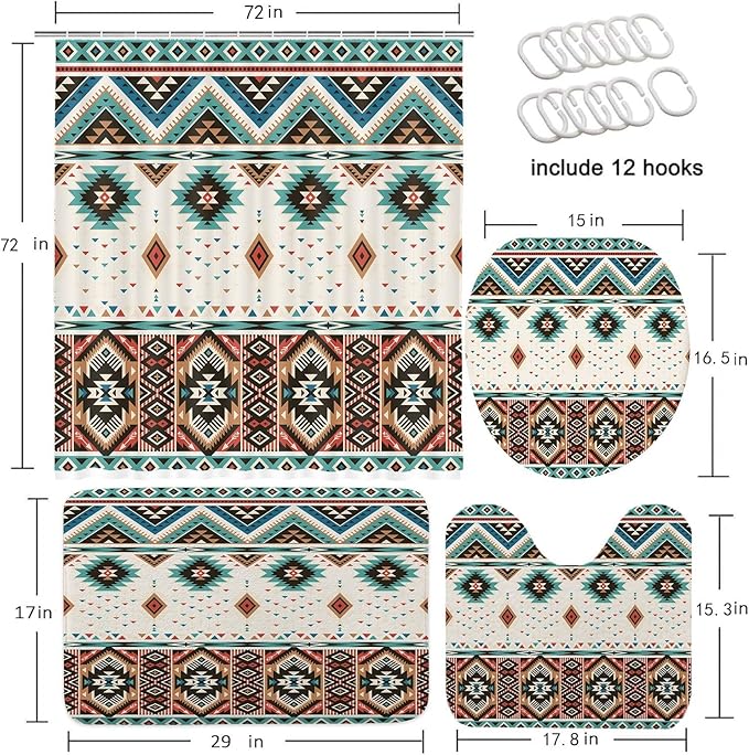 4 Pcs Aztec Shower Curtain Set, Southwestern Native Tribal Navajo Bathroom Rug Sets, Western Boho Vintage Shower Curtain and Non-Slip Rugs Toilet Lid Cover Bath Mat Decor with Hooks