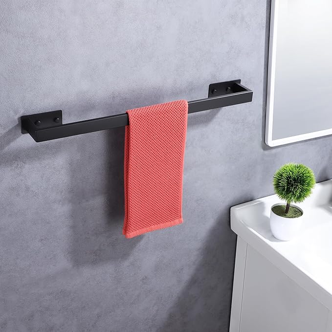 LANC Matte Black Hand Towel Rack 12-Inch Self-Adhesive Towel Bar for Bathroom Wall Mounted and No Drilling Towel Ring, Sticky on Bathroom Hand Towel Holder 304 Stainless Steel, A8310MB-L3