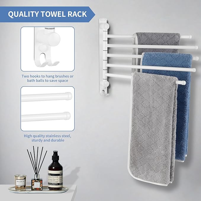 Swivel Towel Rack, 12.6 Inch Towel Bar with Wall Mounted 180° Rotation, 5 Arms Towel Hanger SUS 304 Stainless Steel, Space Saving for Kitchen, Bathroom, Outdoor, White