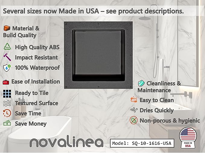 Ready-to-Tile Square Shower Niche – 16" x 16", Single 12" x 12" Shelf, 3.5" Deep – Made in USA