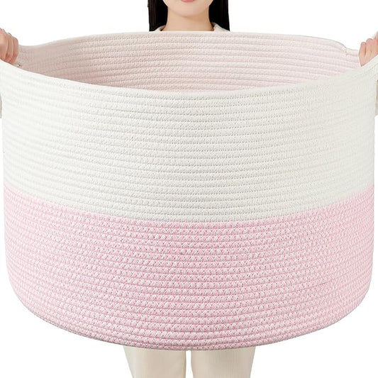 Foldable Laundry Hamper Basket with Collapsible Handle Cotton Rope Soft Woven Fabric Storage Organizer Clothes Toys Nursery Bedroom Dorm Space Saving Bin (White & Pink, 80L(21.7"D x 13.8"H))