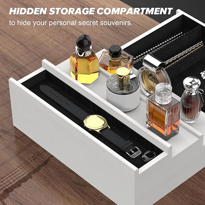 upcessory Cologne Organizer for Men, 3 Tier Wood Perfume Organizer with Felt Lining Drawer and Hidden Compartment, White Perfume Display Holder, A Gift for Men