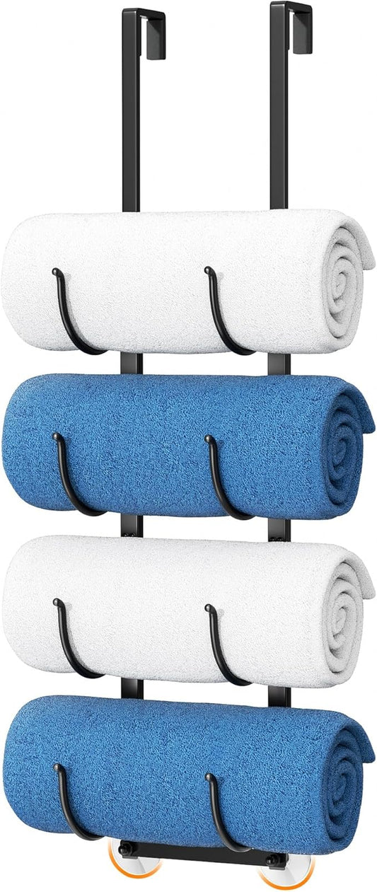 Over The Door Rolled Towel Rack for Bathroom: 4-Tier Hanging Towel Storage Holder, with Nosie-Free & Anti-Scratch Sponge-pad and Suction Cup, Hanging Organizer for Towels, Blankets, Large Bath