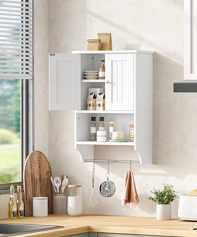 Keehusux Small Bathroom Wall Cabinet with Towel Bar and Adjustable Shelf, Modern Medicine Cabinet with 2 Lined Doors, Wooden Over the Toilet Storage Cabinet for Kitchen, Living Room, Entryway, White