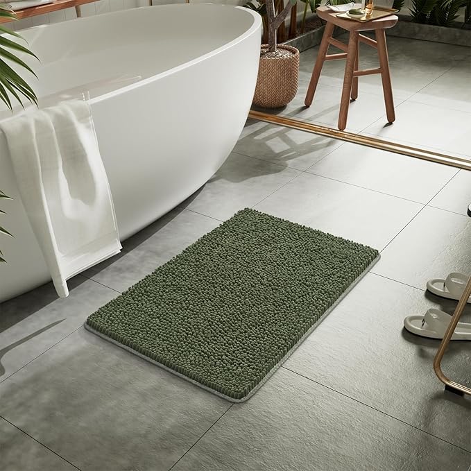 LOCHAS Luxury Bathroom Rug Shaggy Bath Mat 20 x 30 Inch, Washable Non Slip Bath Rugs for Bathroom Shower, Soft Plush Chenille Absorbent Carpets Mats, Olive Green