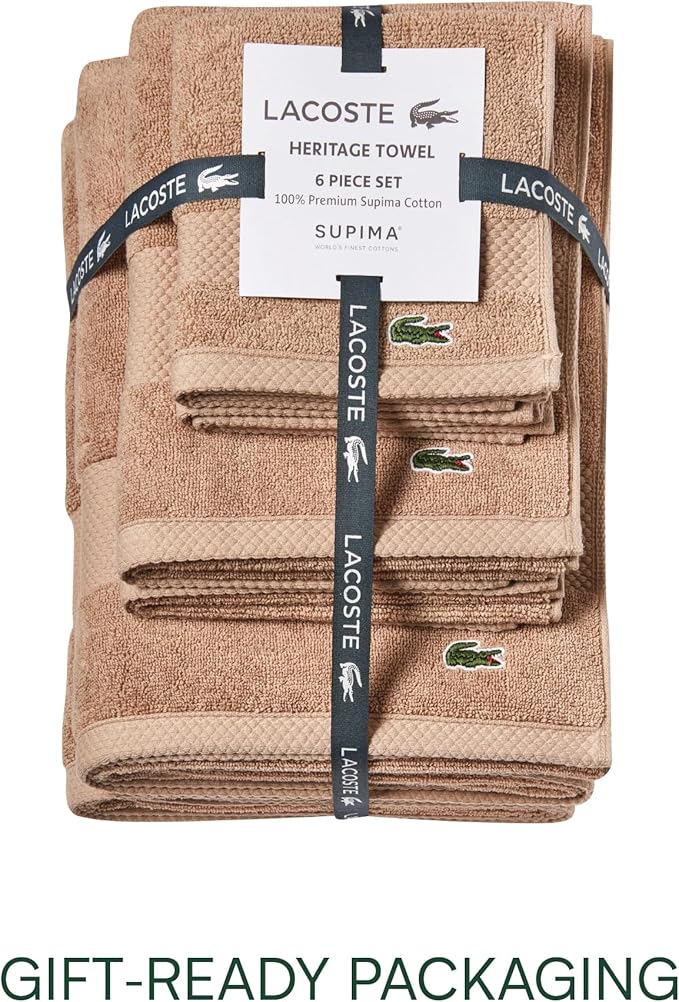 Lacoste Heritage Anti-Microbial Supima Cotton 6-Piece Towel Set, 2 Bath Towels, 2 Hand Towels, 2 Washcloths, Sand – Highly Absorbent & Quick Drying, Bathroom Essential, Machine Washable