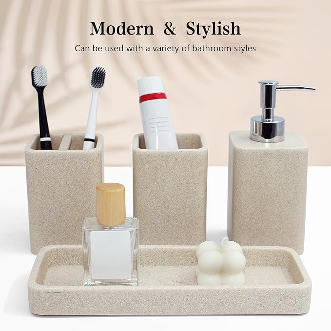 YMXYJM Bathroom Accessories Set, 4 Pcs Bathroom Accessory Set, Soap Dispenser, Toothbrush Holder, Qtip Holder Set, Bathroom Sets Complete, Bathroom Sink Set for Modern Home, Beige