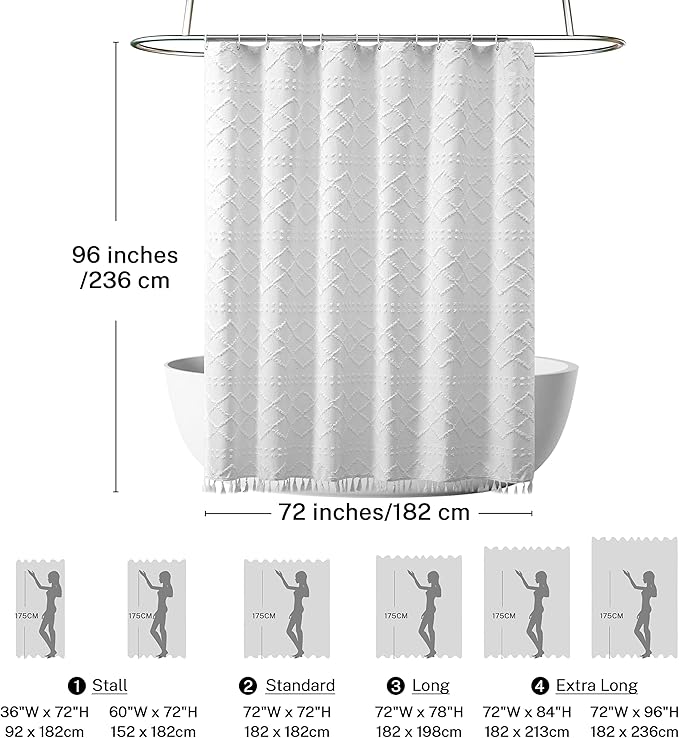 Extra Long White Textured Woven Fabric Boho Shower Curtain with Tassels 72 x 96 Modern Farmhouse Minimalist, Tufted Chevron Striped Shabby Chic, Water Resistant Cloth Curtain for Bathroom, Hotel Decor