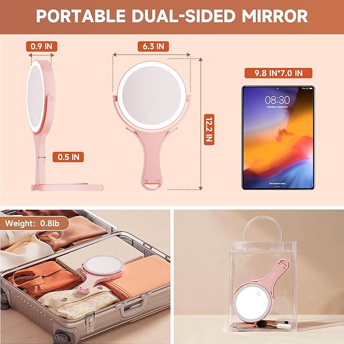 Hasipu Portable Travel Makeup Mirror with Lights – 360° Rotating with 1X/10X Magnifying, Rechargeable Tabletop Handhold Hanging 3 in 1 Mirror (Pink)