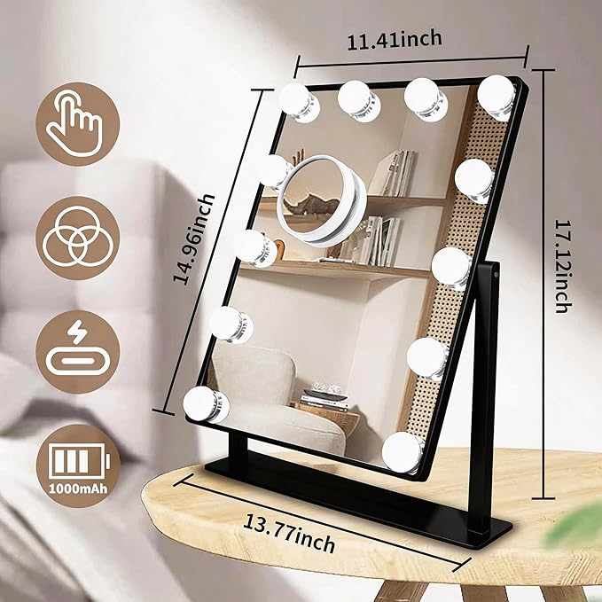 Makeup Vanity Mirror with Lights LED Makeup Mirror Detachable 10X Magnification, Hollywood Make Up Mirror with Lighting, Smart Touch, Rechargeable,360° Rotation, Black 17.12"x13.77"