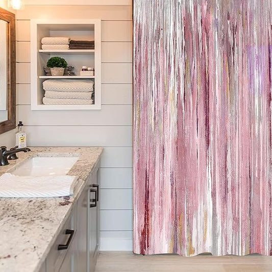 JAWO Small Stall Shower Curtain 47x64 Half Size - Pink Abstract Waterproof Fabric Shower Curtains for Bathroom, Cute Modern Aesthetic Abstract Strip RV Camper Narrow Bath Curtain with Hooks