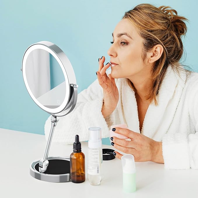 Rocollos 9" Large Lighted Makeup Mirror with 1X/10X Magnification, 4000mAh Rechargeable Vanity Mirror with Height Adjustable & 3 Color Dimmable Lights (9 Inch Chrome)