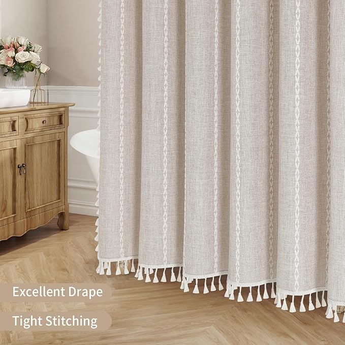 MitoVilla Boho Farmhouse Fabric Shower Curtain, Tan Brown Modern Polyester Linen Shower Curtains for Vintage Rustic Bathroom Decor, Country Tassel Thick Cloth Shower Curtain, Taupe, 72 x 72