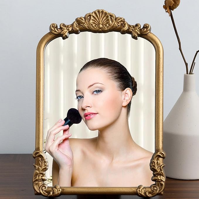 Vintage Vanity Small Gold Mirror Antique Makeup Desk Mirror with Stand Arched Table Mirror for Living Room Tabletop Countertop Bedroom Bathroom 8.5x12