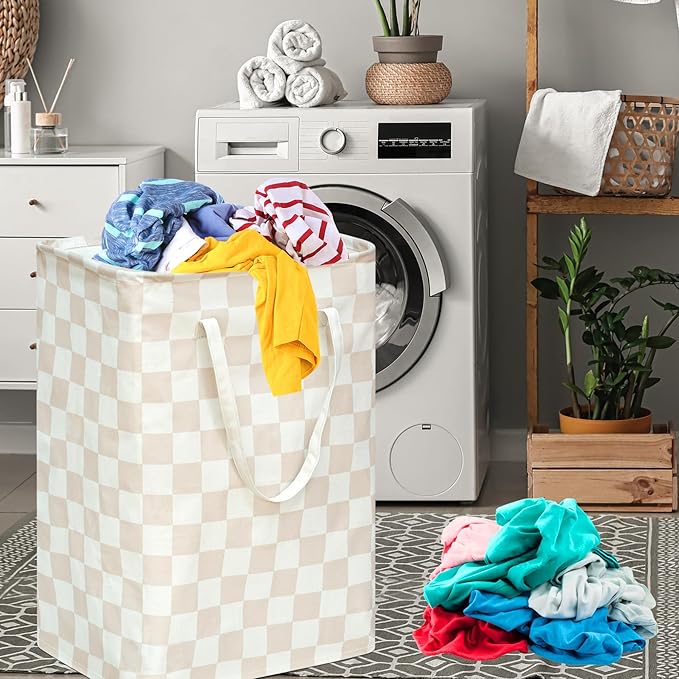 MAIZMZ Beige Checkered Laundry Basket Girls Hamper Storage Bins Organizer Toy Box Large Canvas Collapsible Chest for Home/Dorm/Kitchen/Pet/Office/Closet/Shelf/Gift Baskets